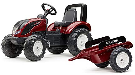 FALK – Tractor con Pedales Valtra con Remolque – A Partir de 3 años – Fabricado en Francia – Volante direccional con bocina – Asiento Ajustable – 4000 AB