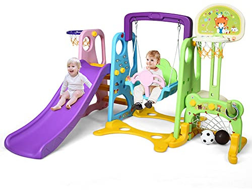 GOPLUS Tobbogan et Balançoire pour Enfants 6 en 1 avec Divertissements Multiples (Basketball et Football), Aire de Jeu Multifonctionnel pour Intérieur et Extérieur, Convient aux Enfants 3-8 Ans