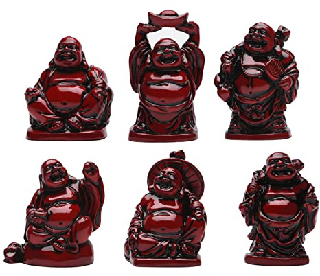 STCREE Resin Fesng Shui Laughing Buddha Statues Red Lucky Happy Maitreya Statue 5.5cm(H) Desk Flower Pot Decoration Collectible Gift 6pcs TQGJST4