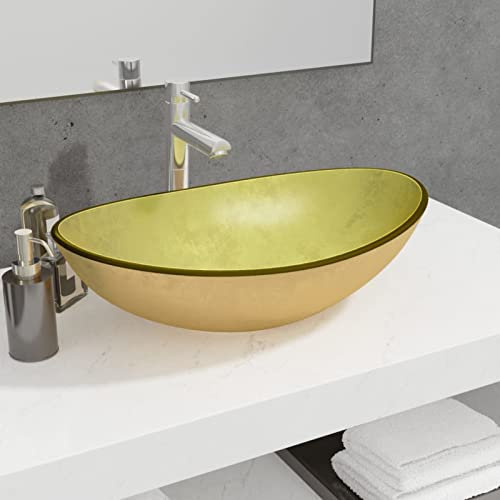 Homgoday Basin Tempered Glass 54.5x35x15.5 cm Gold, Contertop Wash Basin Sink, Vessel Sink for Lavatory Vanity Cabinet, Bathroom Sink for Small Cloakroom Bathroom