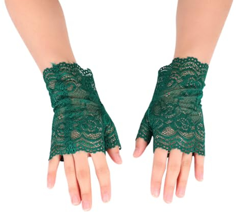 Whakano 1 Paar Damen Fingerlose Spitzen Handschuhe,Kurze Hochzeitshandschuhe,Kurz Geschnittene Fingerlose Gloves Damen Mädchen Braut,für Halloween,Bankett,Party,Hochzeit,Tea Party Zubehör,Dunkelgrün