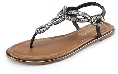 DREAM PAIRS Women's Flat Sandals | Boho-inspired braided straps, shiny sparkling trim, 4mm thick latex insole, TPR anti-slip outsole