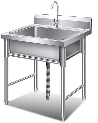 Ensemble d'évier de cuisine de restaurant commercial à cuve unique en acier inoxydable sur pied avec robinet, lavabo de préparation et de lavage utilitaire avec étagère de rangement