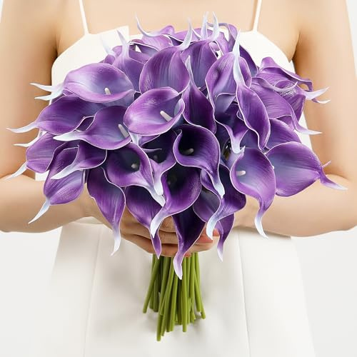 SITUMEIZI 24 flores artificiales moradas de lirio de cala de seda, tacto real para el día de la madre, hogar, cocina, ramo de boda, decoración de oficina