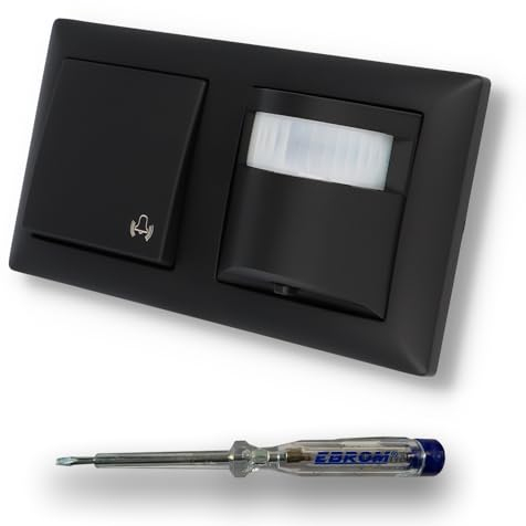 EBROM SET IDEE: BBblack - Detector de movimiento (detección de 195°, 2 sensores, detección precisa de objetos, apagado automático + pulsador de timbre con basculante, color negro mate, similar a RAL