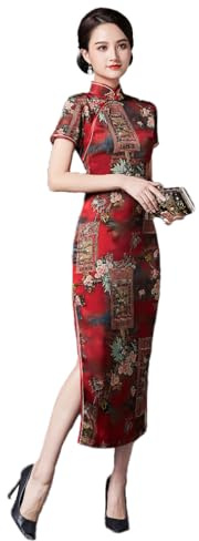 ZNLFS Women's Cheongsam Traditional Chinese Dress Side Slit Slim Fit Midi Dress Mandarin Collar Short Sleeve Qipao (UK, Numeric, 8, Regular, Regular, Dark Red)