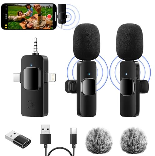 GlasFlength Microfono Inalambrico para iPhone Android Cámara PC, 4 en 1 Mini Micrófono Inalámbrico Solapa Plug&Play Portátil Wireless Microphone Reducción de Ruido para Grabación de Video TIK Tok