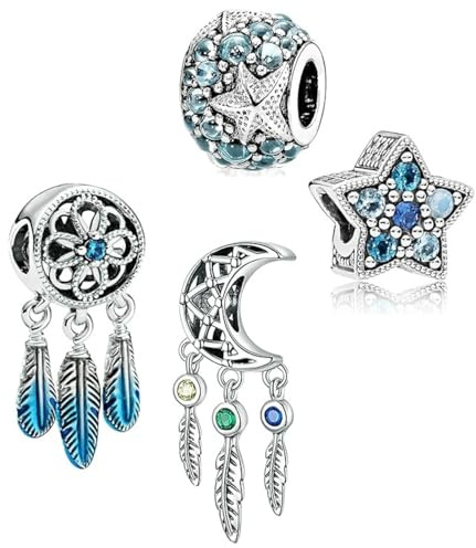 4 Pack Summer Charms for Pandora Bracelet 925 Sterling Silver Charms with Cubic Zirconia Oceanic Starfish Spiritual DreamCatcher Feather Tassels Dangle Pendant Charm DIY Making Gift for Women Girls
