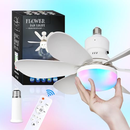 RRBEST Socket Ceiling Fan with Light and Remote, 3 Fan Speeds, Stepless Dimmable, 3 Colours, 3000K-6000K, E27 Base Screw in Ceiling Fans Lights for Kitchen, Garage