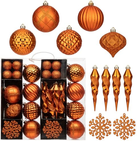 Briful 50PCS Orange Christmas Baubles Set, Christmas Tree Decorations Set with Shatterproof Xmas Baubles Icicle Snowflake, Hanging Ball Ornaments for Xmas Decorations Home Decor