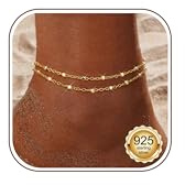 CASSIECA Silver/Gold Dainty Waterproof Ankle Bracelet Set - 925 Sterling Silver Adjustable Layered Beaded Rope Link Beach Foot Jewelry for Women