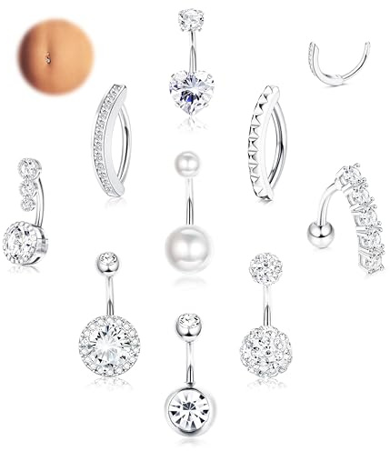 LOLIAS 9Pezzi 14G Piercing Ombelico Acciaio Chirurgico Argento, Piercing Ombelico Anallergico, CZ Perla Clicker Barbell Piercing Ombelico Anello Cerchio 10mm