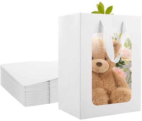 LDXDRU 20 Pack 18 x 13 x 25cm White Gift Bags with Clear Window, 230GSM Paper Shopping Bag with Handles, Kraft Present Bags for Party Wedding Birthday Festival