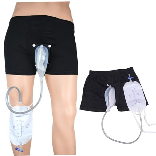 Hintyne Urinario portátil para Hombre. Incluye pantalón de algodón Transpirable Embudo de Silicona conducto y 2 Bolsas de orina de 500 ml con válvula y Atadura para Caminar.