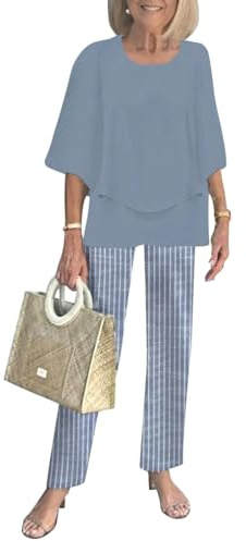 shownicer Completo Donna Estiva 2 Pezzi Manica a 3/4 Camicia + Pantaloni Set Casual Elegante Tuta Outfit A Blu XL