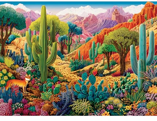 500 Piece Jigsaw Puzzles for Adults, Colorful Desert 500 Piece Puzzle, Vibrant Landscape with Cacti, Fox and Mountains Jigsaw Puzzles, Relaxing Gift for Adults, Seniors, 20.5 x 15 in