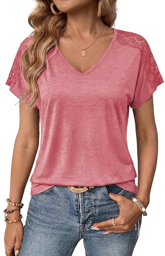 Aottori Maglietta Donna Manica Corta Elegante T-Shirt Scollo a V con Pizzo Estivo Tops Ampia Elastico Bluse vestibilità Classica Rosso L