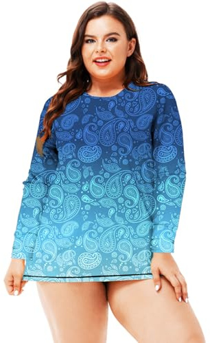 Women Gradient Blue Rashguard Plus Size Water Sport Sun Shirts Summer SPF 50+ Long Sleeve Swim Tops 4XL