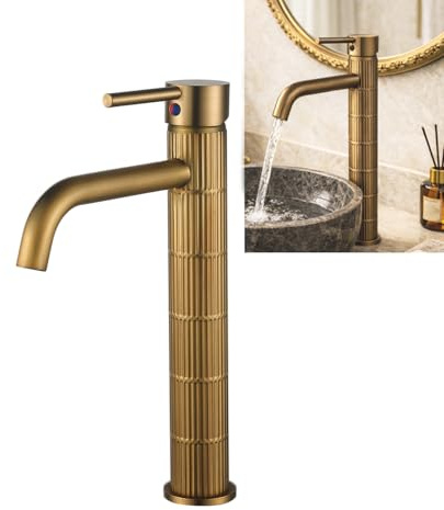 Grifo de lavabo alto monomando con cuerpo de latón, mezclador para lavabo sobre encimera, acabado vintage cepillado, cartucho cerámico (Bronce cepillado, Alto)