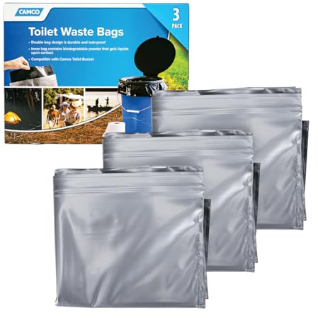 Camco 41547 Paquete de 3 bolsas de residuos higiénicos, diseño duradero de doble bolsa a prueba de fugas, bolsa interior que gelifica cualquier líquido, ideal para acampada, senderismo, caza y más