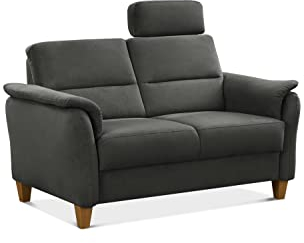 CAVADORE 2er-Sofa Palera mit Federkern / Kompakte Zweisitzer-Couch im Landhaus-Stil / inkl. 1 Kopfstütze / 149 x 89 x 89 / Mikrofaser, Grau