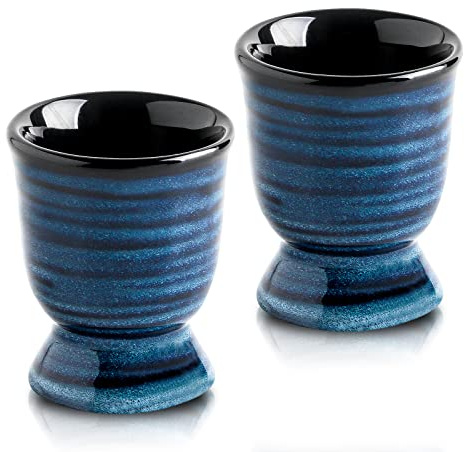 Hasense Ceramic Eggs Cups for Soft Boiled Eggs, Porcelain Egg Stand Holders for Hard Boiled Eggs for Breakfast Kitchen Decorative, Set of 2, Blue