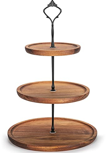 E-ROOM TREND Présentoir à gâteaux 3 Étages en Bois Présentoir à Cupcakes en Bois L'après-midi Debout avec poignée métallique pour Anniversaire de Mariage Baptême Fruits Desserts (MDP1BN)