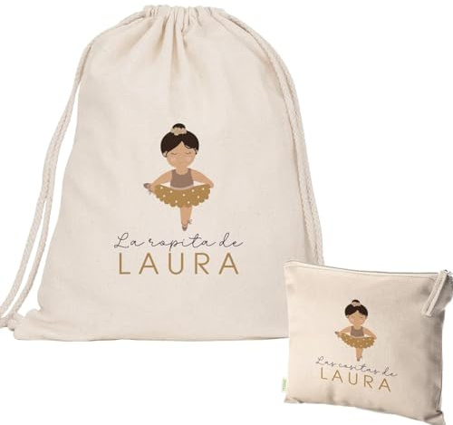 Evyre | Pack Bolsa y Neceser | Mochila Infantil Personalizada con Nombre | Mochila Niña/o + Neceser Bebe Guarderia | Mochila de Cuerdas Niño/a Algodón Orgánico | Bolsa Merienda Infantil | Bailarina