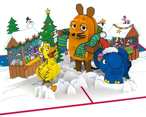 papercrush® x Die Maus Pop-Up Karte „Weihnachtsmarkt“ - Lustige 3D-Weihnachtskarte mit Maus, Elefant und Ente für Kinder (Enkelin, Nichte, Neffen), Handgemachte Geschenkkarte für Mädchen & Jungen