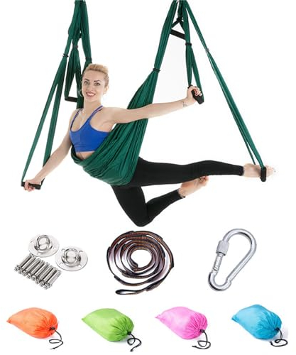 Yoga Hängematte Set Aerial Yogatuch Zum Aufhängen Hängematten Hammock Swing Therapieschaukel Schaukeltuch Yogagurt Hängetuch Inversion (dunkelgrün)