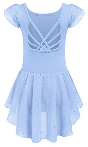 Arshiner Kinder Ballettkleid Rückenfrei Mädchen Kurzarm Ballettkleidung Baumwolle Tanzkleid Ballett Turnanzug Blau Balletttrikot mit UnregelmäßIges Ballettrock 130/3-4 Jahre