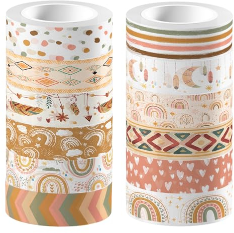 CC HOME Böhmische Washi Tape 12 Rollen, 15mm Böhmische Regenbogen Washi Tape Set, Masking Tape Dekorative Papieraufkleber zum Verpacken von Geschenken, DIY Kunsthandwerk