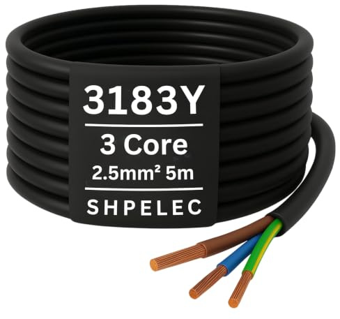 SHPELEC® FLEXIBLE Black Cable 3183Y 0.75mm, 1.0mm, 1.5mm, 2.5mm BASEC Approved Black PVC LED Lighting 5m 10m 15m 20m 50m (2.5mm 3 Core - 5metres)