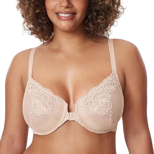 Delimira Women's Front Fastening Bras Lace Unlined Full Coverage Plus Size Sheer Plunge Underwire Bra Beige 38C