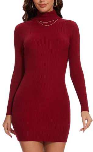 Kiiwah Vestido de Punto para Mujer Básico Cuello Alto Manga Larga Vestido Corto Casual EláStico para Otoño Invierno Fiesta (Rojo)