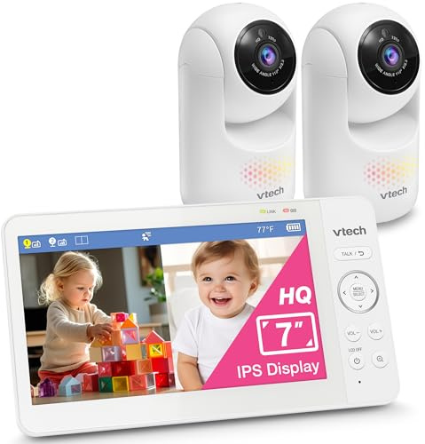 VTech Advanced HQ Max Twin 7 Digital Video 2-Cameras Baby Monitor with Pan Tilt Zoom, Long Battery Life 5000mAh, IPS Screen, Adaptive Multi-Color Night Light, 2-Way Talk, HQ Display, No WiFi, White