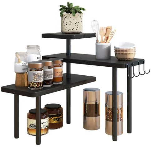 IBUYKE Arbeitsplatten-Organizer, Eckregal, 3-stöckiges Gewürzregal mit Haken, verstellbare Ausrichtung,Küchenregal, platzsparend für Küche, Bad, Theke, Schrank, Pflanze, Schwarz,TLJ023B