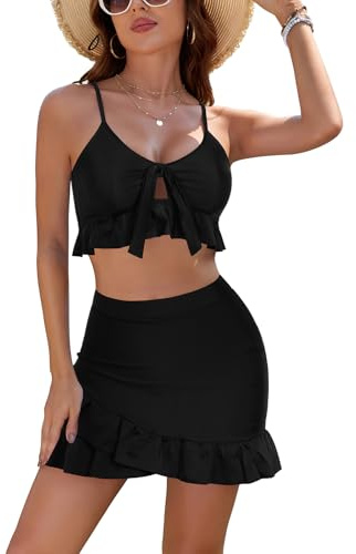 Ensemble bikini pour femme - Haut court - Taille haute - Effet ventre plat - Maillot de bain avec slip intérieur - Jupe de natation