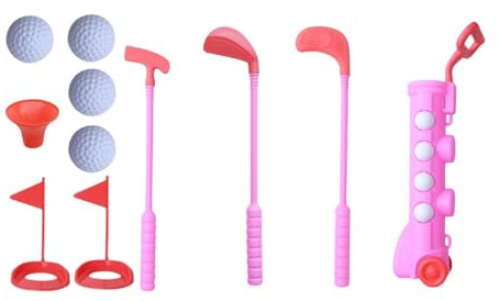 Ronyme Toddlers Golf Set Kids Club Gifts, Kids Toy Golf Caddy Set with 3 Plastic Clubs, 4 Balls, Wheeled Trolley & Hole, Hand Eye Coordination Sports Mini Golfs Play Set for Child 3-8 Years Old, pink