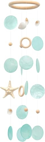 SKOOLOVE Campanas de viento de conchas marinas, hechas a mano, color verde aguamarina, carillón de viento con estrella de mar, decoración de estilo costero para interiores y exteriores, decoración de