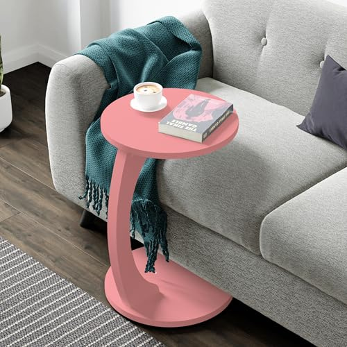 [en.casa] Beistelltisch Holeby Couchtisch Sofatisch auf Rollen Betttisch Laptoptisch C-Form Wohnzimmertisch Rolltisch runde Tischplatte Kaffeetisch 56 x Ø 38 cm Abstelltisch Rosa