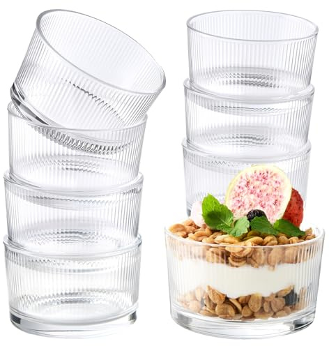 YBCPACK 8 Pack Small Glass Dessert Bowls, 6.5 oz Ribbed Ice Cream Bowls, Dishwasher Safe Dessert Glasses for Sundae, Salad, Fruit, Parfait