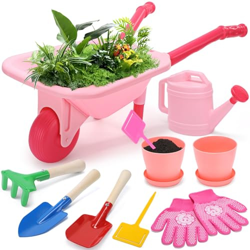 cute stone Kids Gardening Tool Set, Pink Wheelbarrow with Garden Toys with Watering Can, Gloves, Hand Rake, Shovel, Trowel, Outdoor/Indoor Pretend Play Toys for Toddlers Boys Girls Age 3+