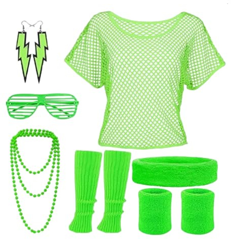 GWAWG 90-tals outfit dam | Nättopp rosa | Flashdance partyset med nättröja, benvärmare, halsband | retrokostym för 80-/90-tals temafester, Grön, Einheitsgröße