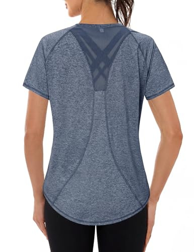 Gyabnw Tee Shirt Sport Femme Anti UV Haut de Fitness Élastique Col Rond Manche Courte Tee-Shirt Respirant Séchage Rapide UPF 50 Plus pour Yoga Course à Pied et Gym