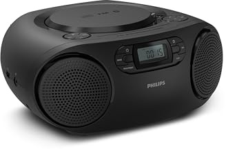 Philips TAZ2000 CD Soundmachine portatile CD con Radio FM, Bluetooth 6.0, Riproduzione USB, Ingresso audio, Boost bassi dinamici, Altoparlanti stereo 6W, CA/Batteria, Maniglia - Nero