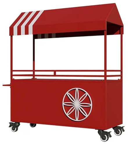 Bärbar Mobil Gatuförsäljare Matvagn, Järnmatvagnsdisplay med Tak och Hjul för Gata, Fester, Marknad(Red,120cm/47in)