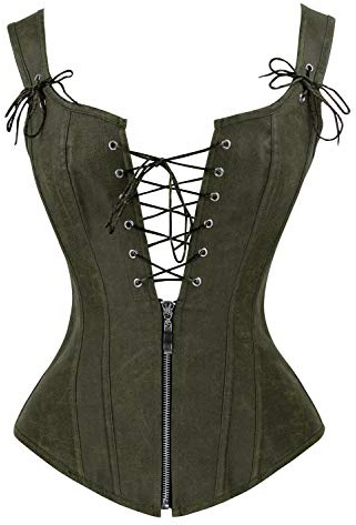 Charmian Women's Vintage Renaissance Lace Up Bustier Corset with Garters Olive XX-Large