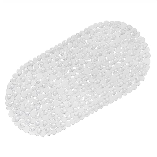 WELTRXE Non Slip Bath Mats for Inside Bath, 69 x 36 cm Clear Pebble Bath Mat Non Slip Anti Mould, Anti Slip Shower Mat, Flexible Oval PVC Bathtub Mat with Suction Cups & Drain Holes, Machine Washable