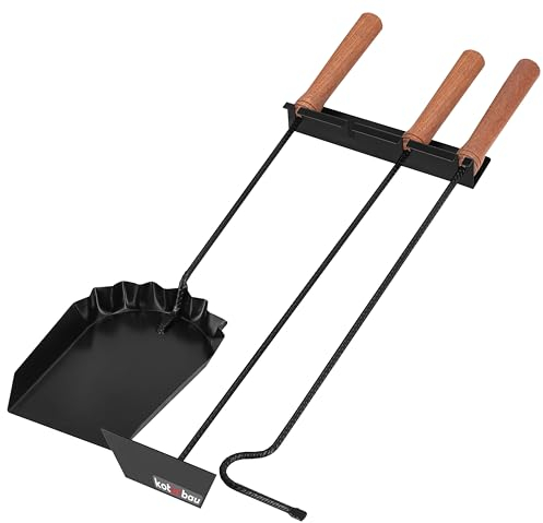 KOTARBAU® Kit de 3 accesorios para chimenea, 3 herramientas: pala, atizador y rascador de ceniza, Utensilios de metal con mango de madera, Cubiertos de estufa, barbacoa, Negro, Soporte para la pared